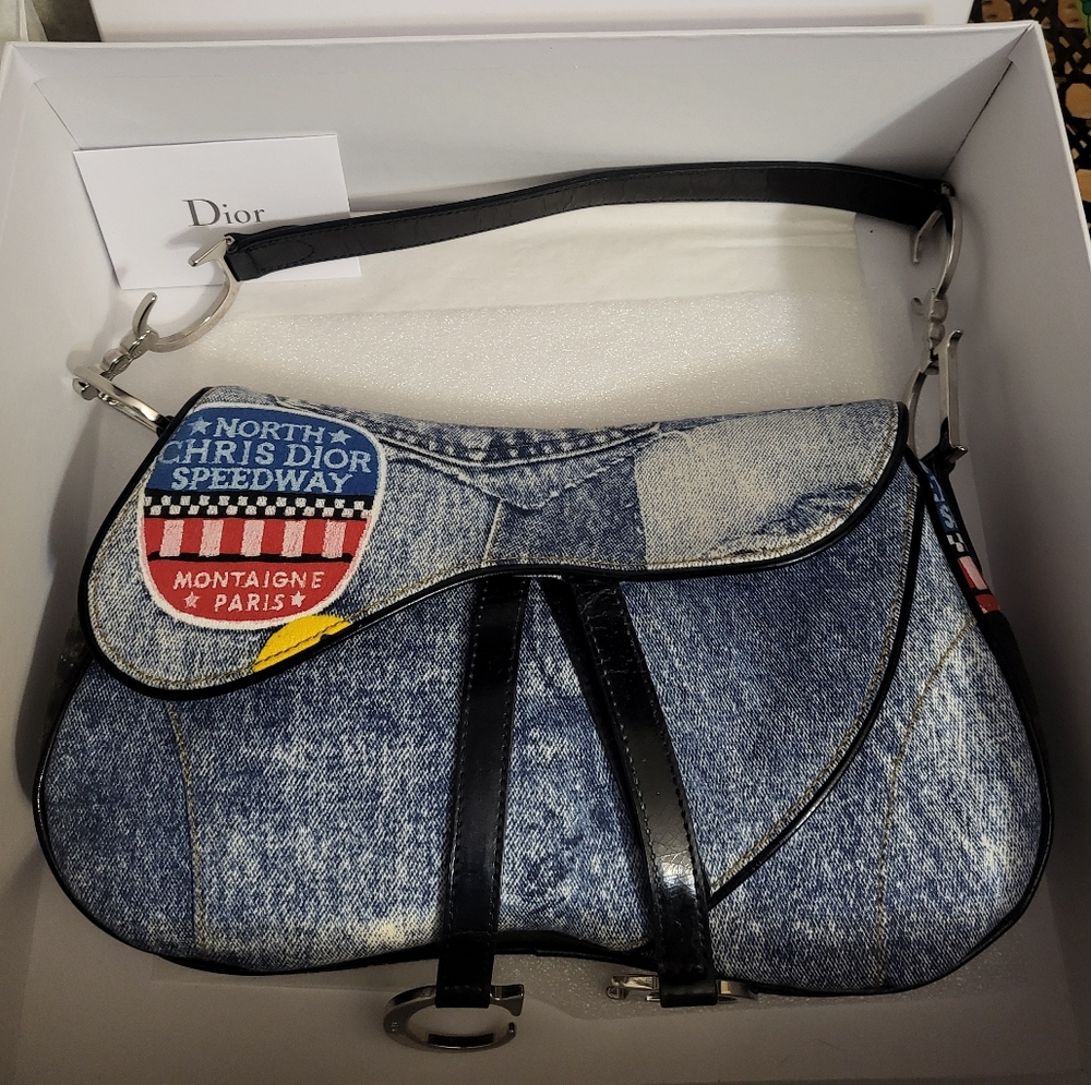 Authentic Christian Dior Patchwork Speedway denim double saddle bag - Picture 5 of 11